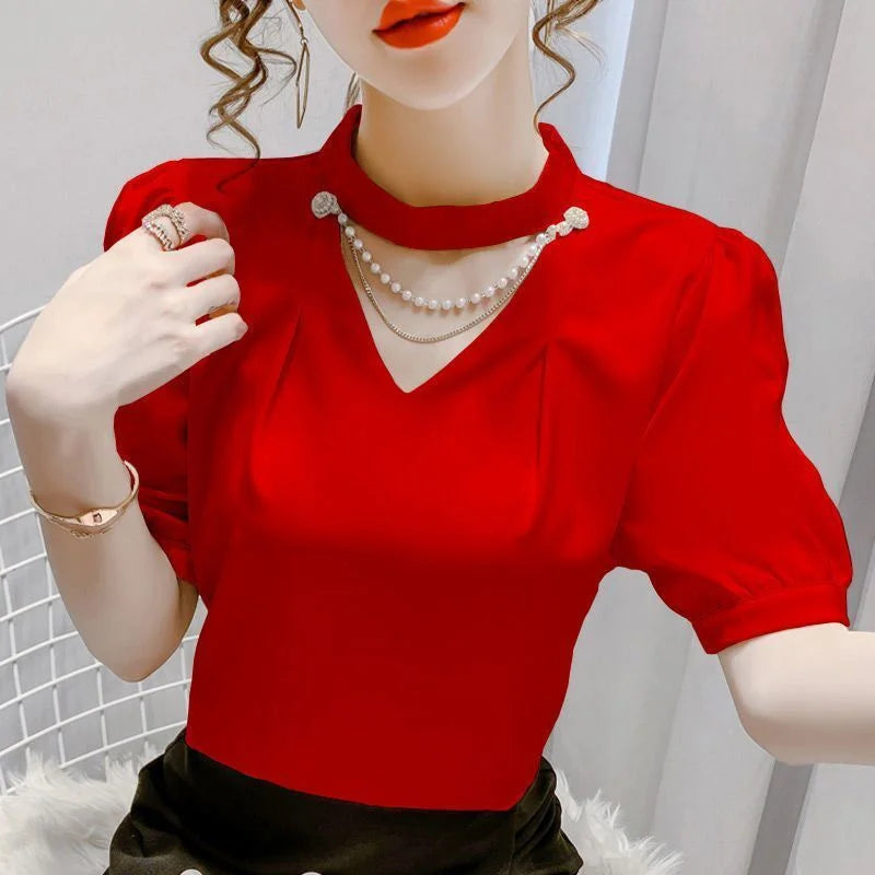 Women Summer Style Blouses Shirts Lady Fashion Casual Puff Short Sleeve O-Neck Solid Pearl Blouses Tops WY0227 Red