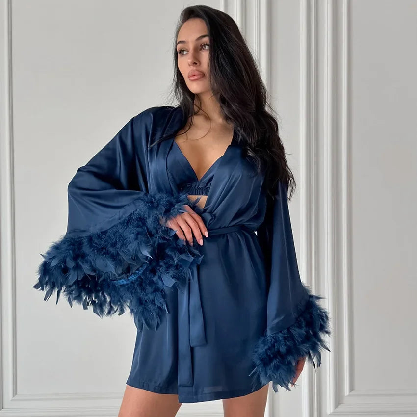 Shorts Nightgown Three-piece Set, Imitation Silk, Loungewear, Feather Pajamas Blue