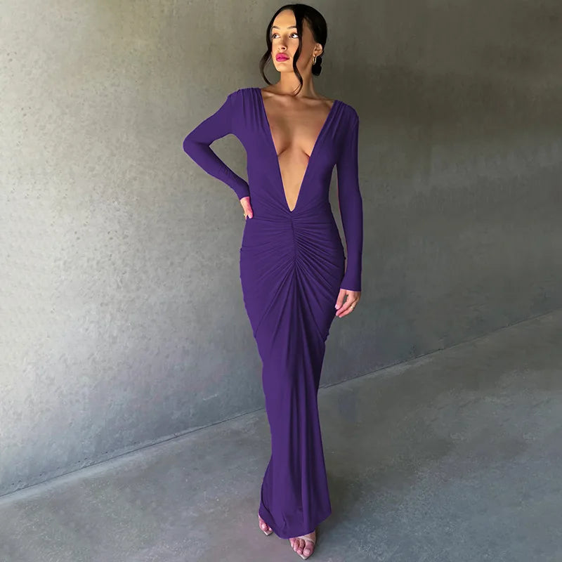 Women Sexy Elegant Long Dress Long Sleeve Backless Bodycon Slit Dress Autumn Evening Party Dresses Female Badiee Stylez