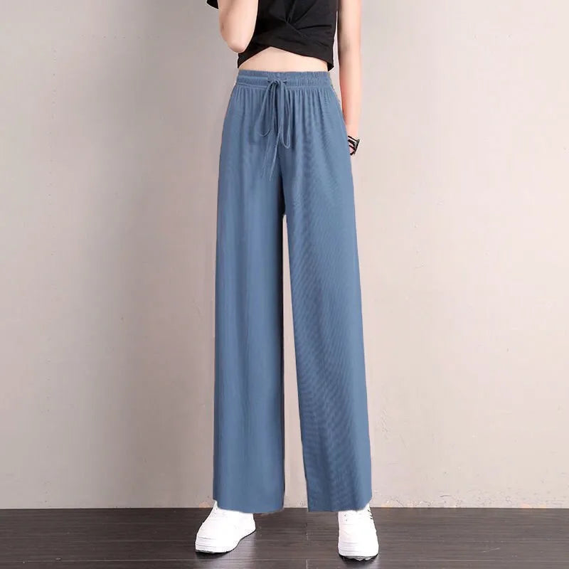 1pcs Summer Women Ice Silk Pant Female High Elastic Waist Drawstring Pocket Loose Straight Trousers Student Sports Straight Pant Blue