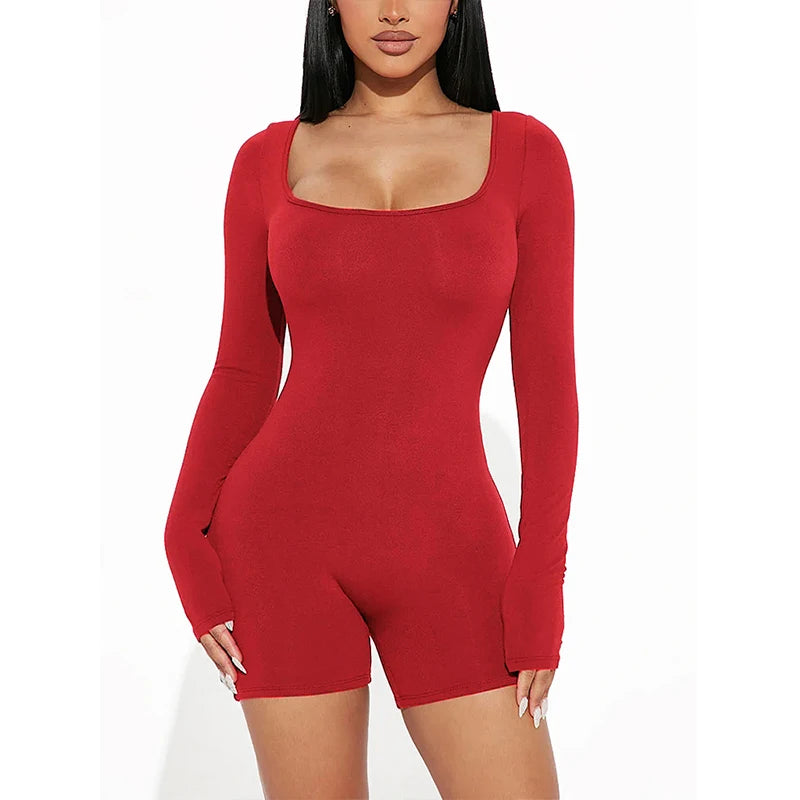 2025 Spring and Summer New Fashion Women's Long Sleeve Jumpsuit Shorts  Long Sleeve Sexy Slim Jumpsuit U Neck Jumpsuit Badiee Stylez