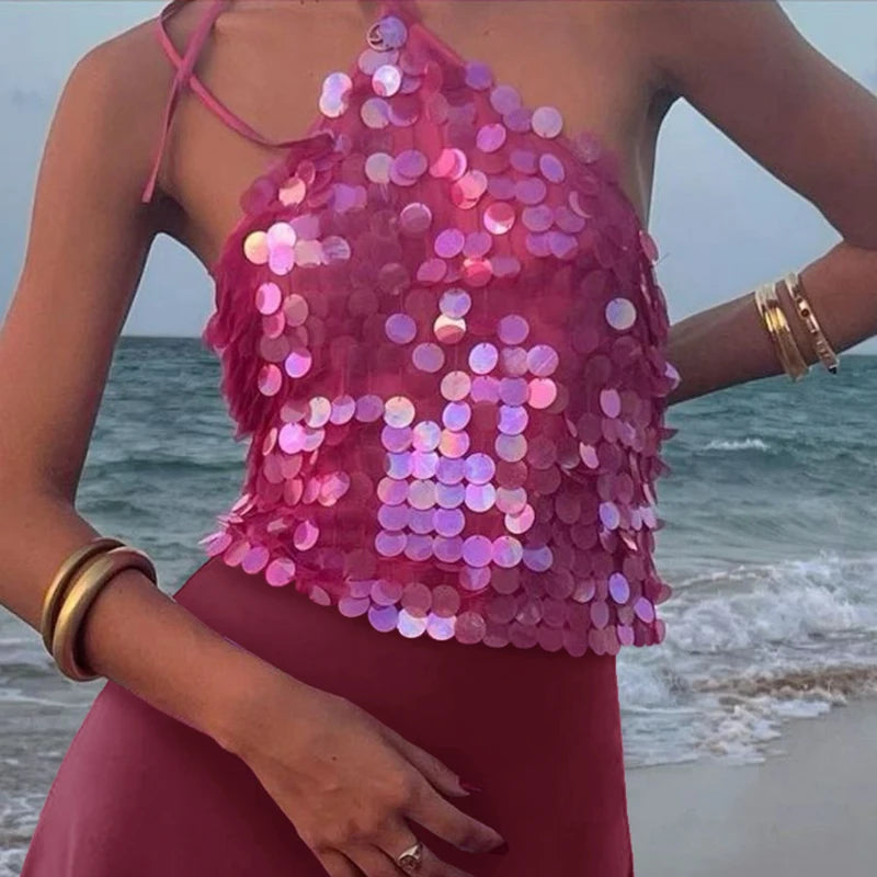 Y2k Sequin Beaded Halter Tops Boho Beach Backless Camis E-girl Sexy Club Party Sleeveless Shirt Vest Vintage Crop Tops Women Type 4