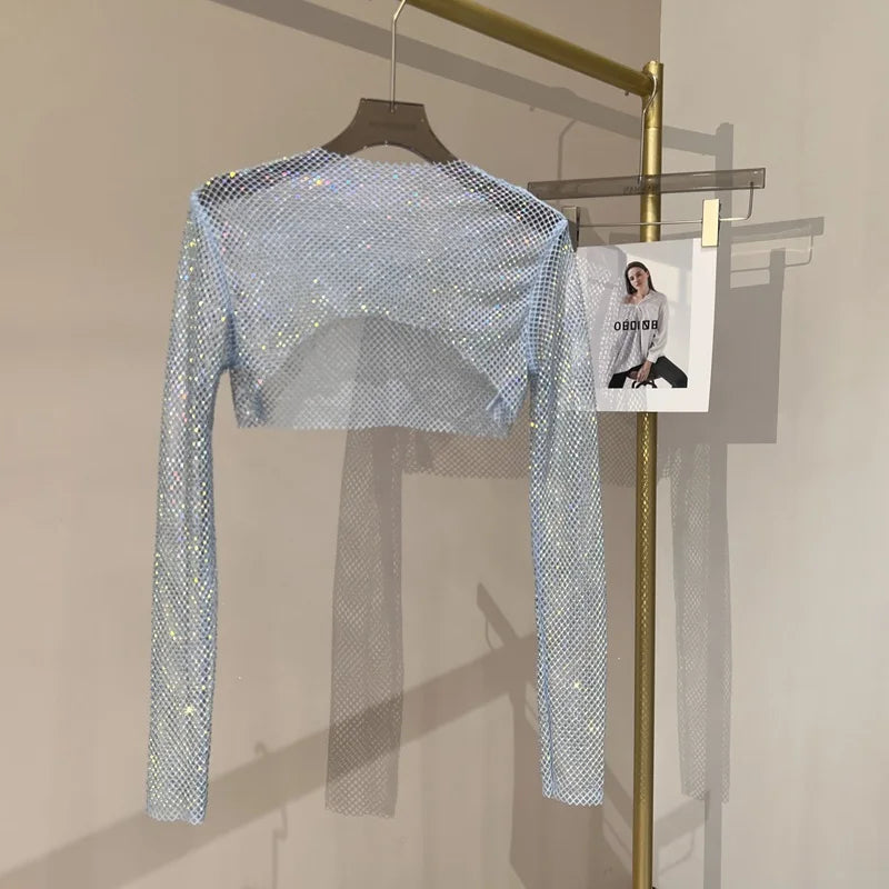 2023 new sexy bright diamond short top Slim thin Ms. hot drill long-sleeved T-shirt sexy leak waist nightclub Sky-Blue One Size