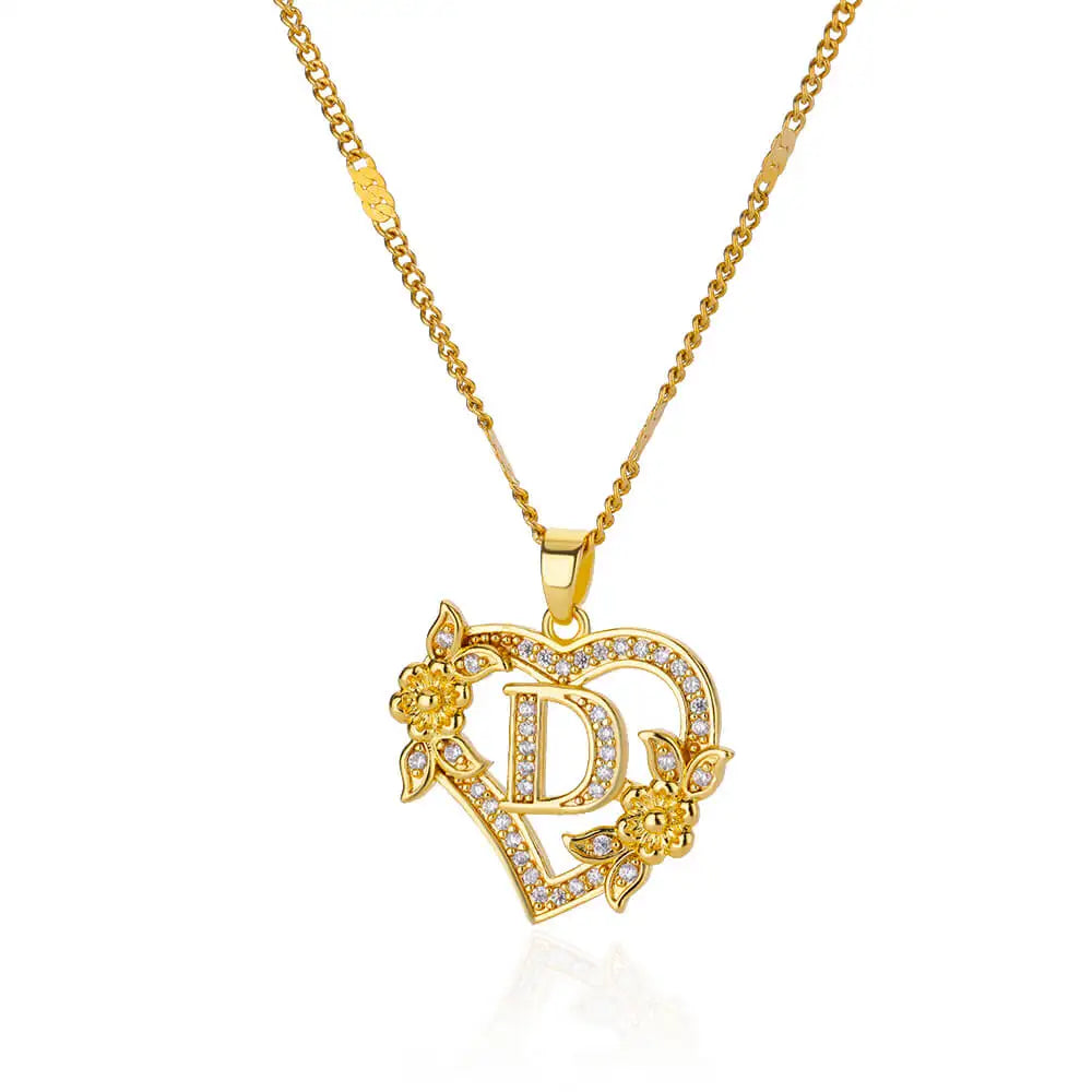 Zircon Flower Heart Initials Necklaces For Women Stainless Steel Heart Lover Gold Color Letter Chain Collar Necklace Jewelry D CHINA