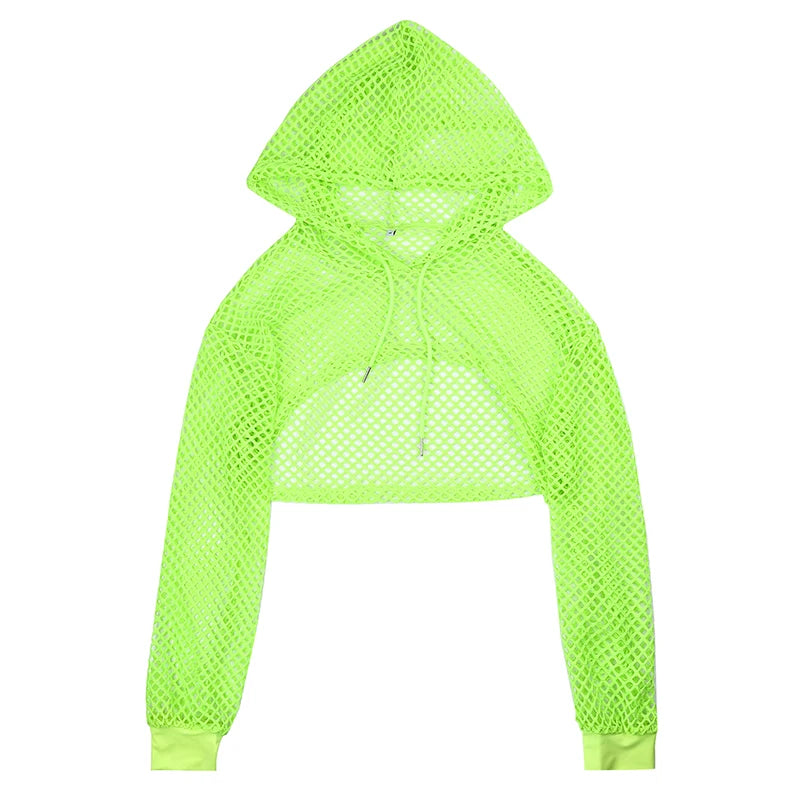 CIBBAR Street Style Fishnet Holes T Shirt See Through Hollow Out Hooded Full Sleeve Crop Top Women Casual Loose Shirt Smock Fall green