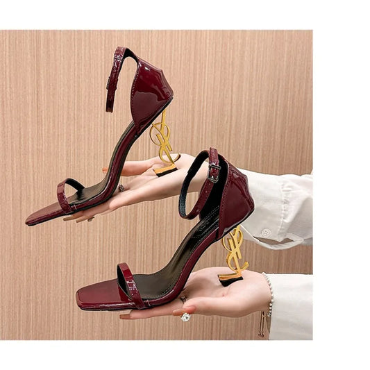 High Heel Open End Sandals, Sexy, with Unique Strap, Red Wine Color, Elegant Personality New Summer Style Elegant Ladies Sandals