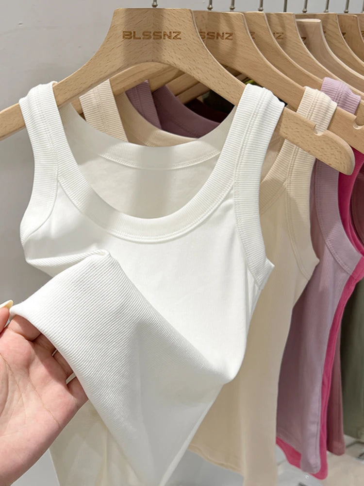 zjaiss Women Solid Round Neck Ribbed Tank Top Camisole Women 2025 Summer Basic Elastic Tank Top O Neck Solid Tank Top WHITE
