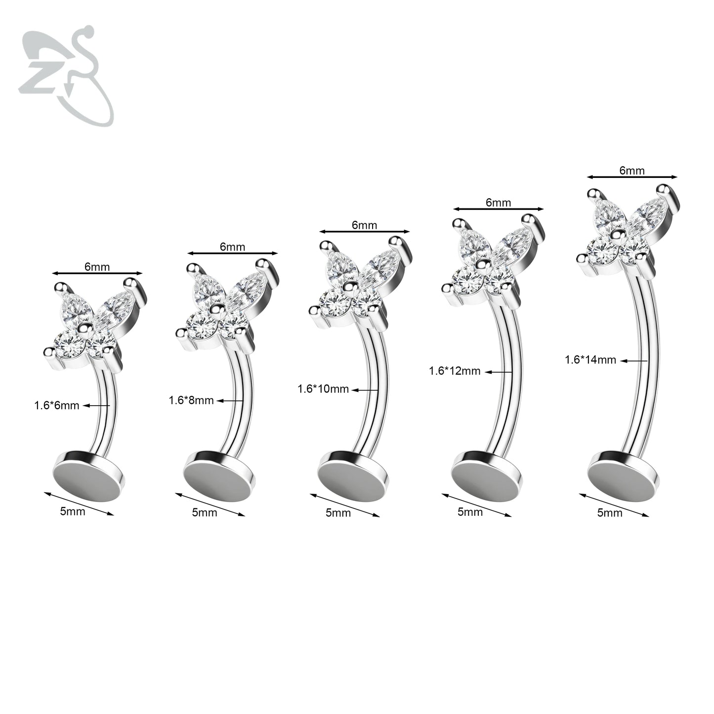 ZS 1 Piece Internal Thread Stainless Steel Belly Button Ring Floating Navel Piercings 14G Curved Umbilical Ring Jewelry 6MM-14MM Badiee Stylez