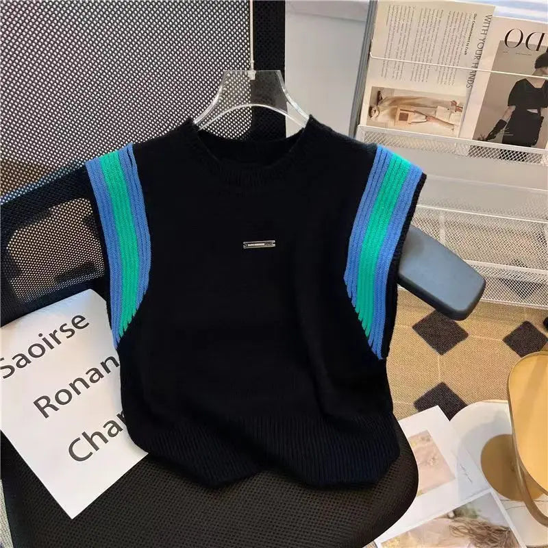 Summer New Fashion Patchwork Knitted Tanks Women Vintage Loose O-neck Soft Comfortable Casual Sleeveless Tops black