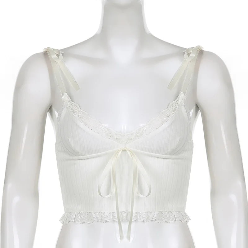 Lace Trim Crop Top Aesthetic White Bow Cute Sweet Mini Vest Knitted Basic Casual Tee Women Summer Backless Beach