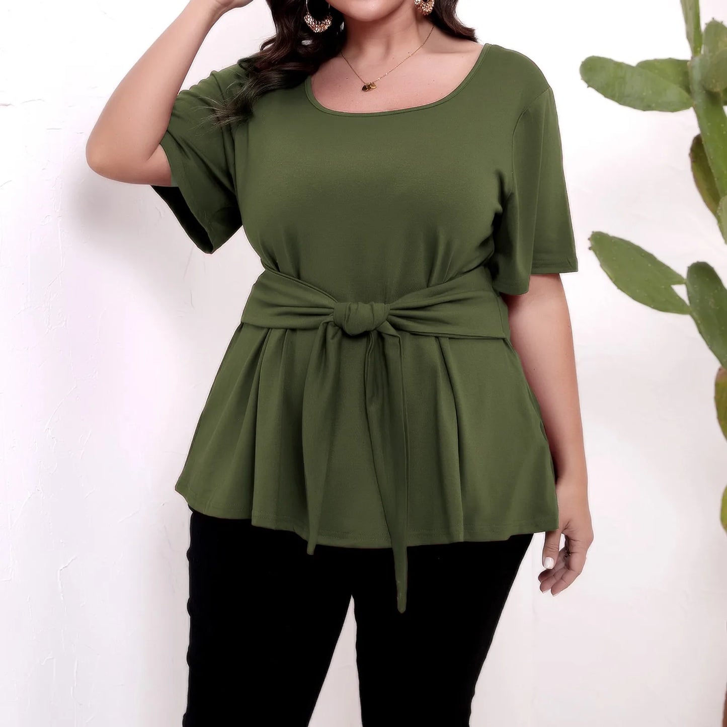 Plus size top women's short sleeve round neck belted t-shirts spring summer ladies casual T-shirt tops solid color pullover Army Green