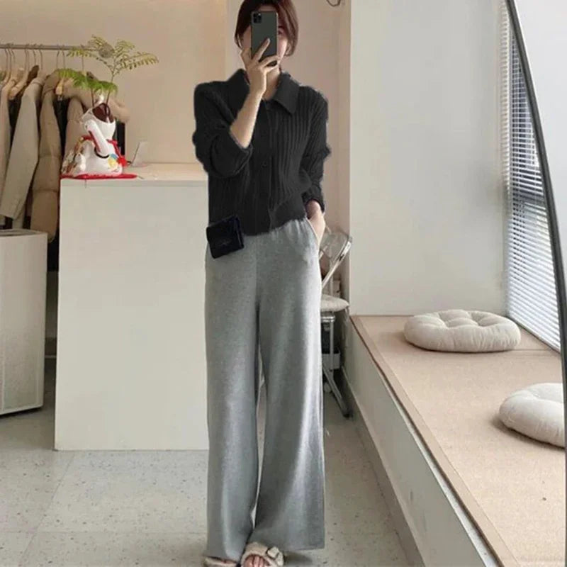 Rimocy Turn Down Knit Cardigan Women Autumn Winter Button Up Solid Color Sweater Coats Woman Long Sleeve Soft Cardigans Ladies