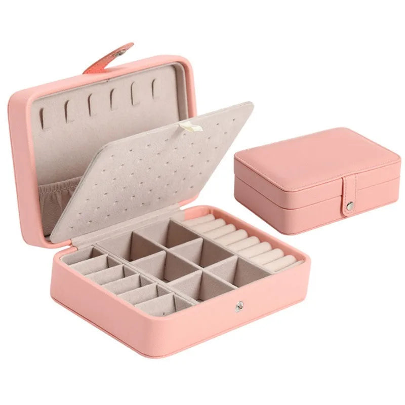 Fashion PU Leather Jewellery Storage Boxes Portable Travel Jewelry Box Necklace Earrings Ring Jewelry Organizer Display Case A-Pink