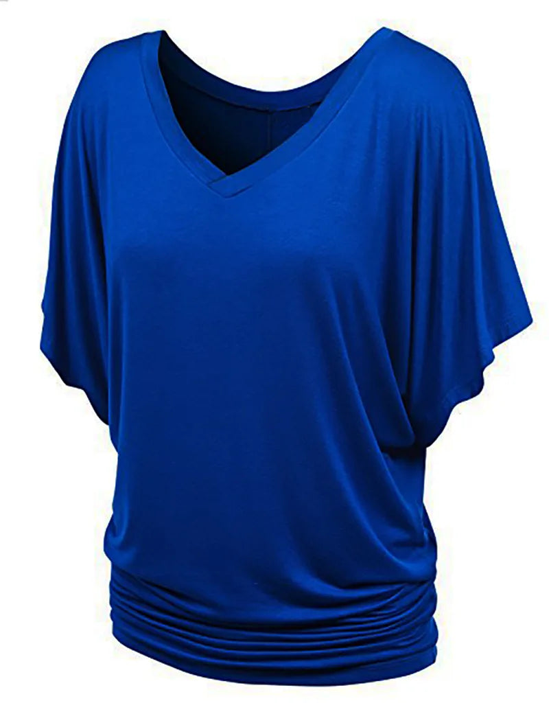 Women V Neck Short Sleeve Pleated Loose T-shirts Summer Lady Batwing Sleeve Oversized S-5XL Tee Shirt Tops OUYMFZ-A1375