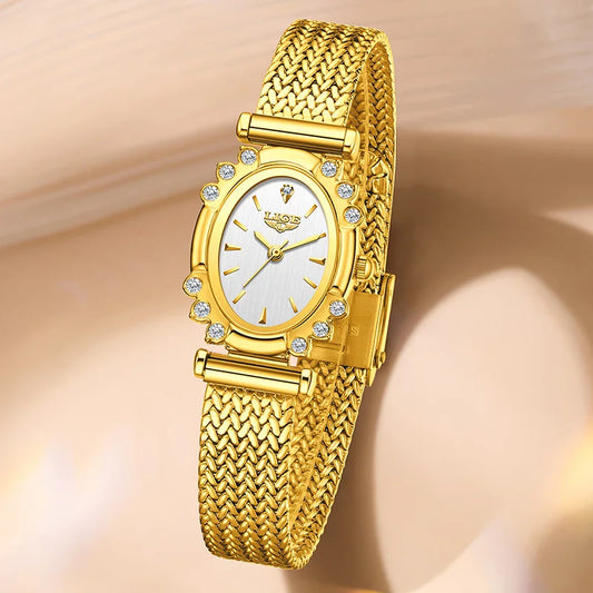LIGE 2025 New Gold Square Watch For Women Simple Fashion Waterproof Quartz Ladies Watches Ultra-Thin Mesh Women's Bracelet Watch