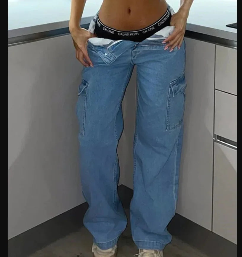 Women High Waist High Elastic Solid Jeans 2023 New Autumn Jeans Women Workwear with Pocket Denim Straight-Leg Pants Cargo Pants Denim stretch