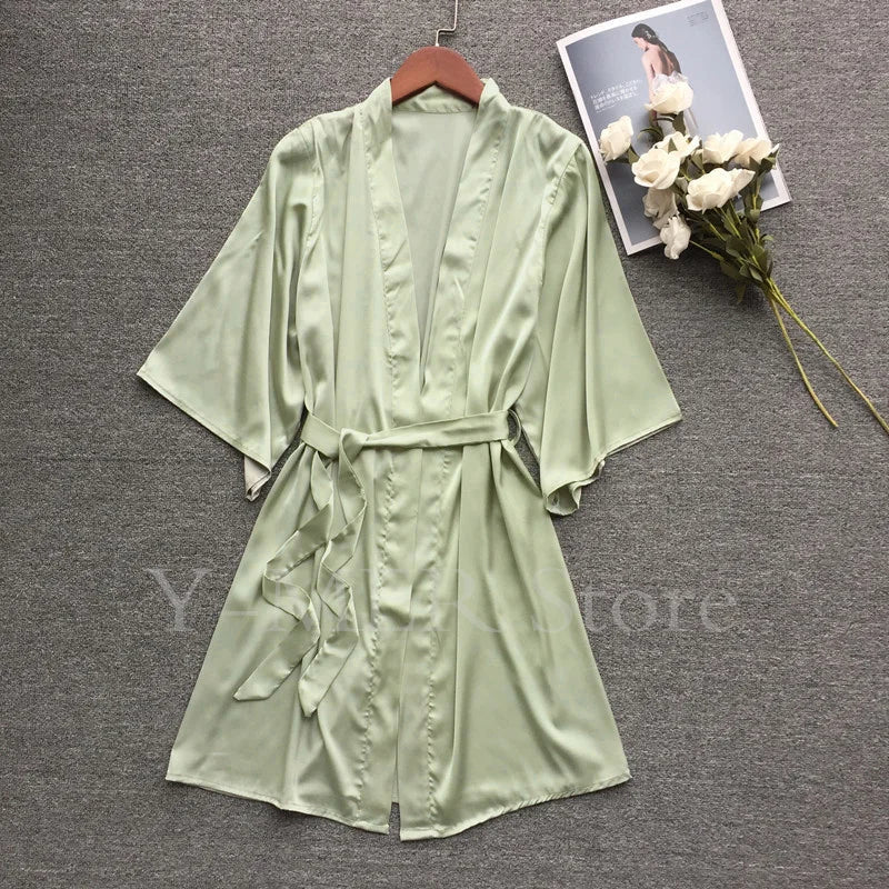 Sexy Embroider Edge Lady Kimono Bathrobe Dress Gown Mesh Sleeve Wedding Long Robe Sleepwear Loose Silk Satin Nightwear Lingerie Green B