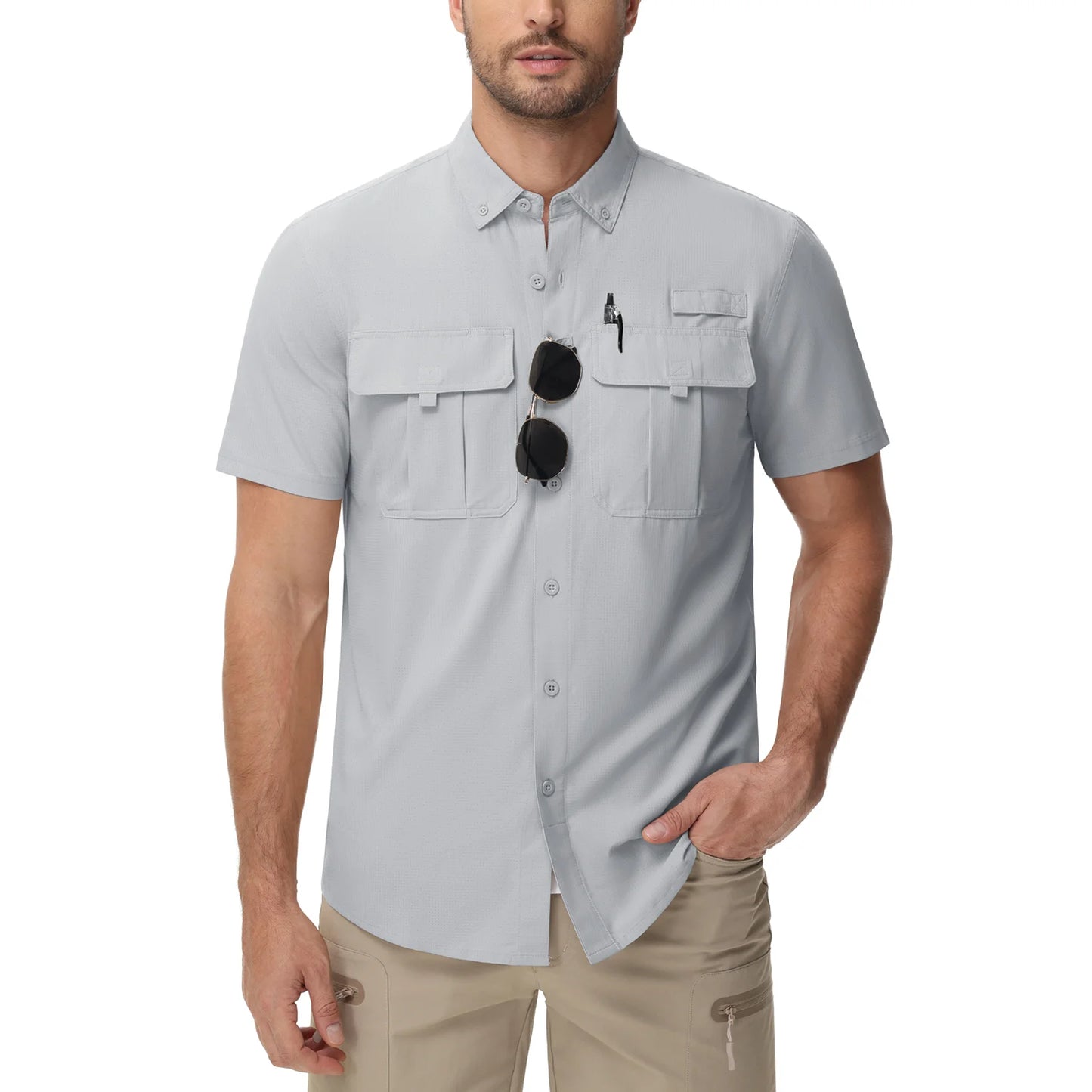 TACVASEN UV Block Fishing Shirts Mens Lightweight Quick Dry Short Sleeve Shirt Breathable Outdoor Hiking Shirt Fishing Shirts Light Grey CHINA