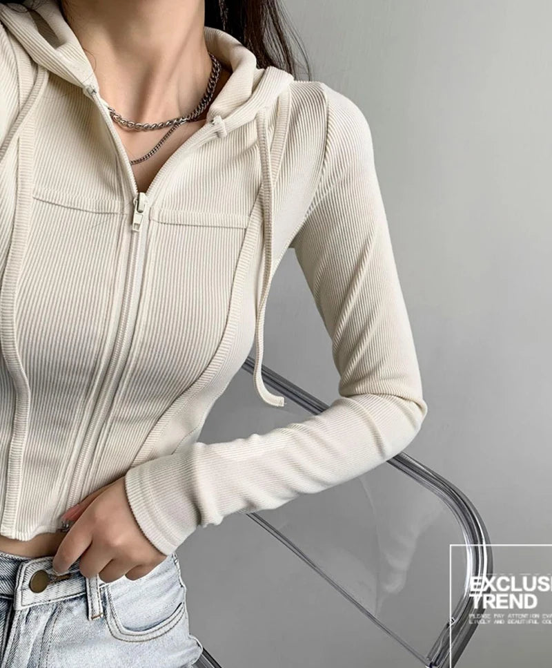 Thin Hooded Cardigan Women Korean Vintage Slim Summer Solid Sports Jacket Vertical Pit Stripe Zipper Female Sexy Cropped Tops