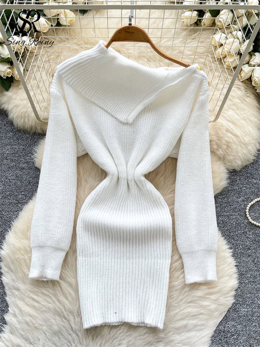 SINGREINY Autumn Knitwear Bodycon Dress Diagonal Collar High Elastic Slim Fit Design Female Light Luxury Solid Sweater Dress