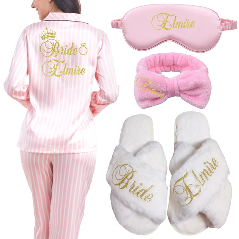 2 Piece Personalized Name Women Sleepwear Faux Silk Satin Pajamas Set Long Sleeve Sleepwear Pajamas Suit Female Homewear pajamas headband ma