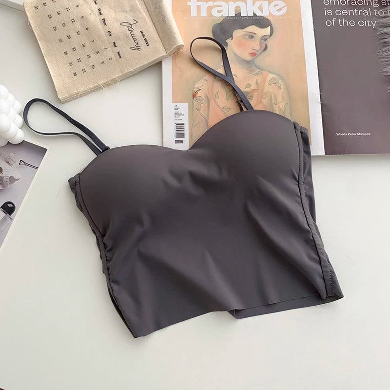 ITOOLIN Fashion Backless Tank Tops Cute Crop Tops For Women Slim Elastic Camisole Ice Silk Women Spaghetti Camis With Bra Pad GREY One Size