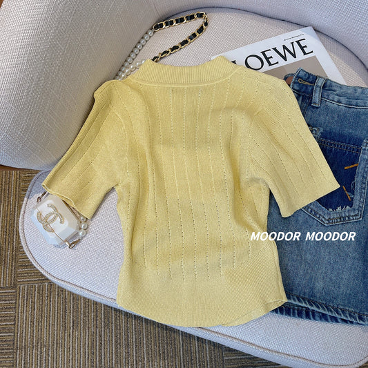 Elegant Gold Button Ice Silk Sweater Cardigan 2025 New Thin V-neck Knitted Short Sleeved Tee Women's Summer Hollow Slim Fit Top