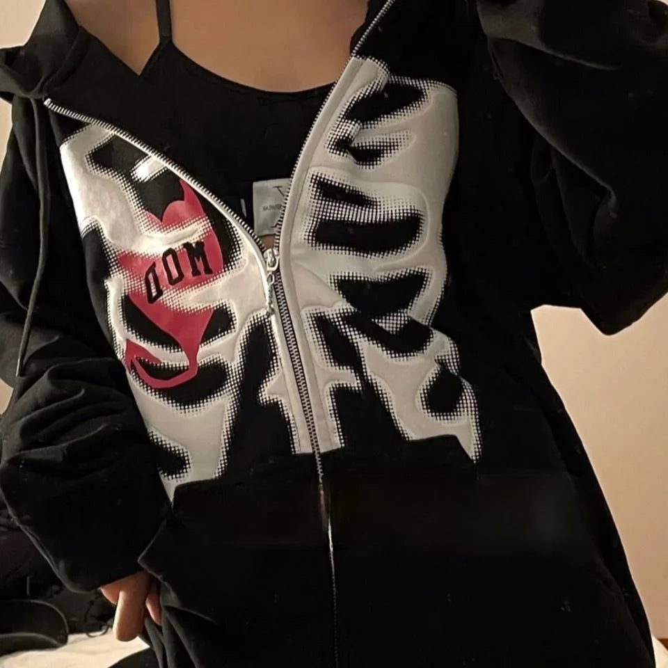Y2K Rhinestone Cobweb Zip Up Oversized Sweatshirt 2022 Autumn Goth Hoodie Men Women Grunge Hooded Jacket Streetwear Y2K Clothing nz623-black