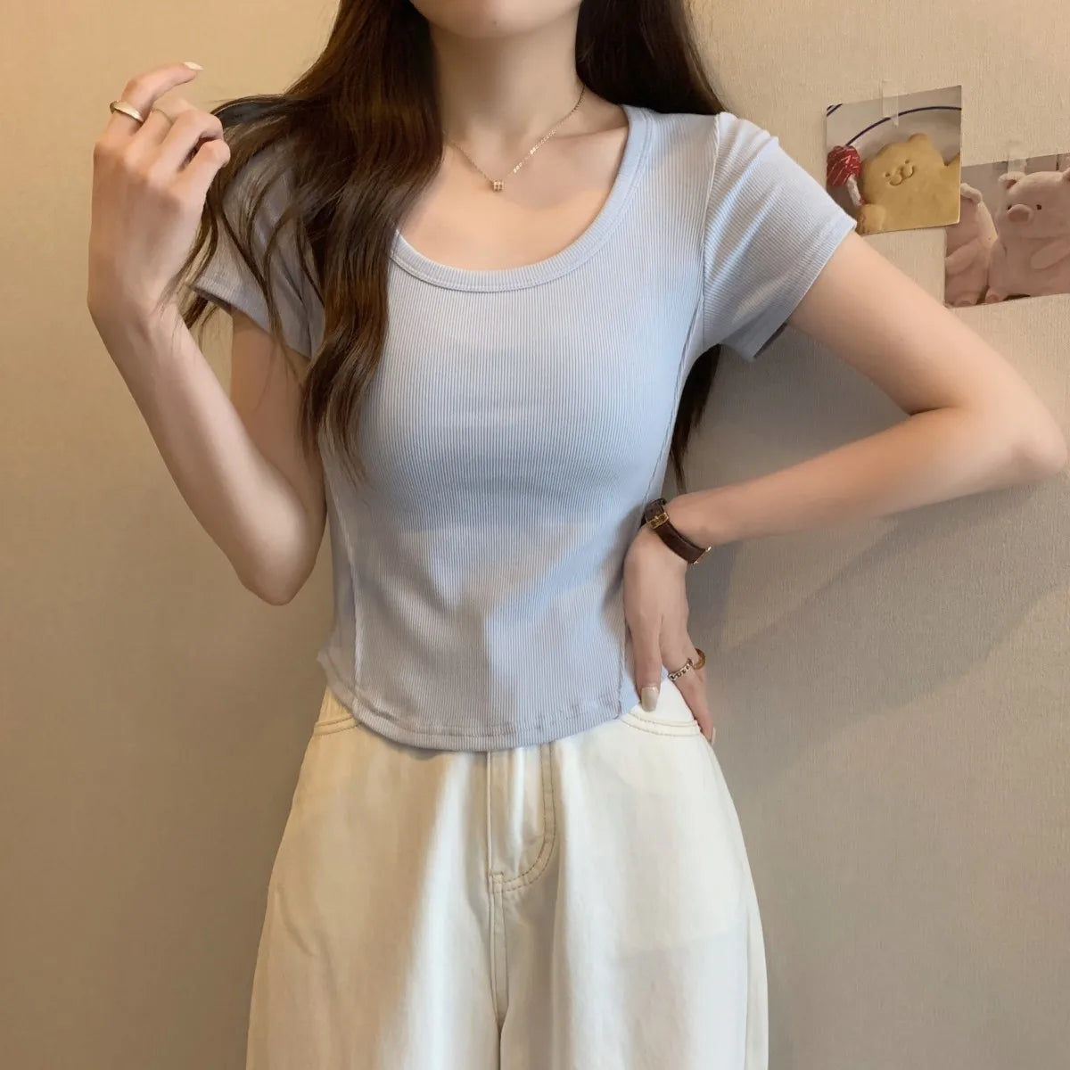 Y2K T-shirt Women V-neck Irregular Short Sleeve Crop Top New Korean Fashion Slim High Waist Solid Tee Shirt Woman Sexy Clothes