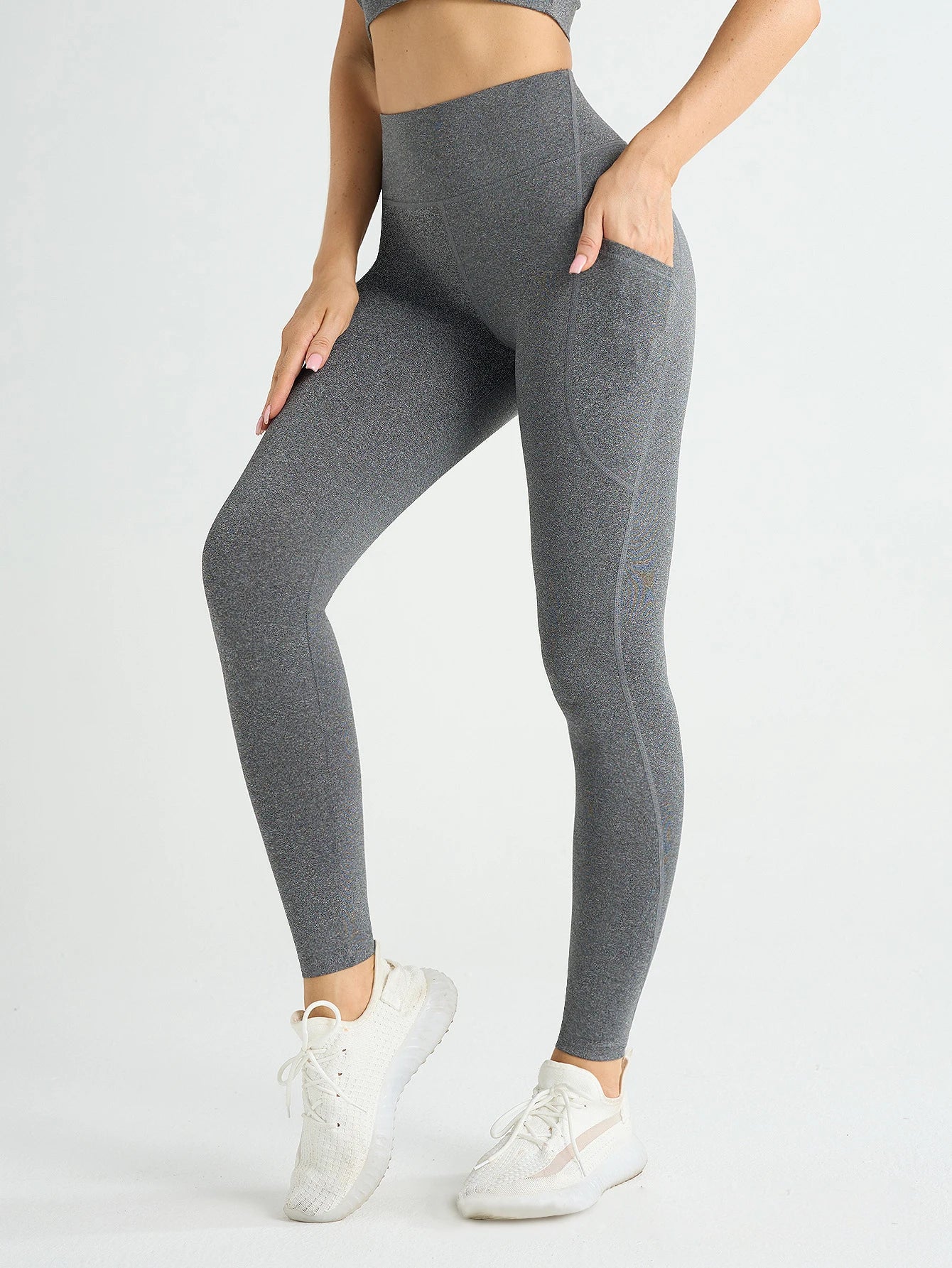 New High Waist Women's Leggings Stretch Yoga Pants Tights With Pockets Push Up Fitness Running Sportswear Solid Color Pants Grey