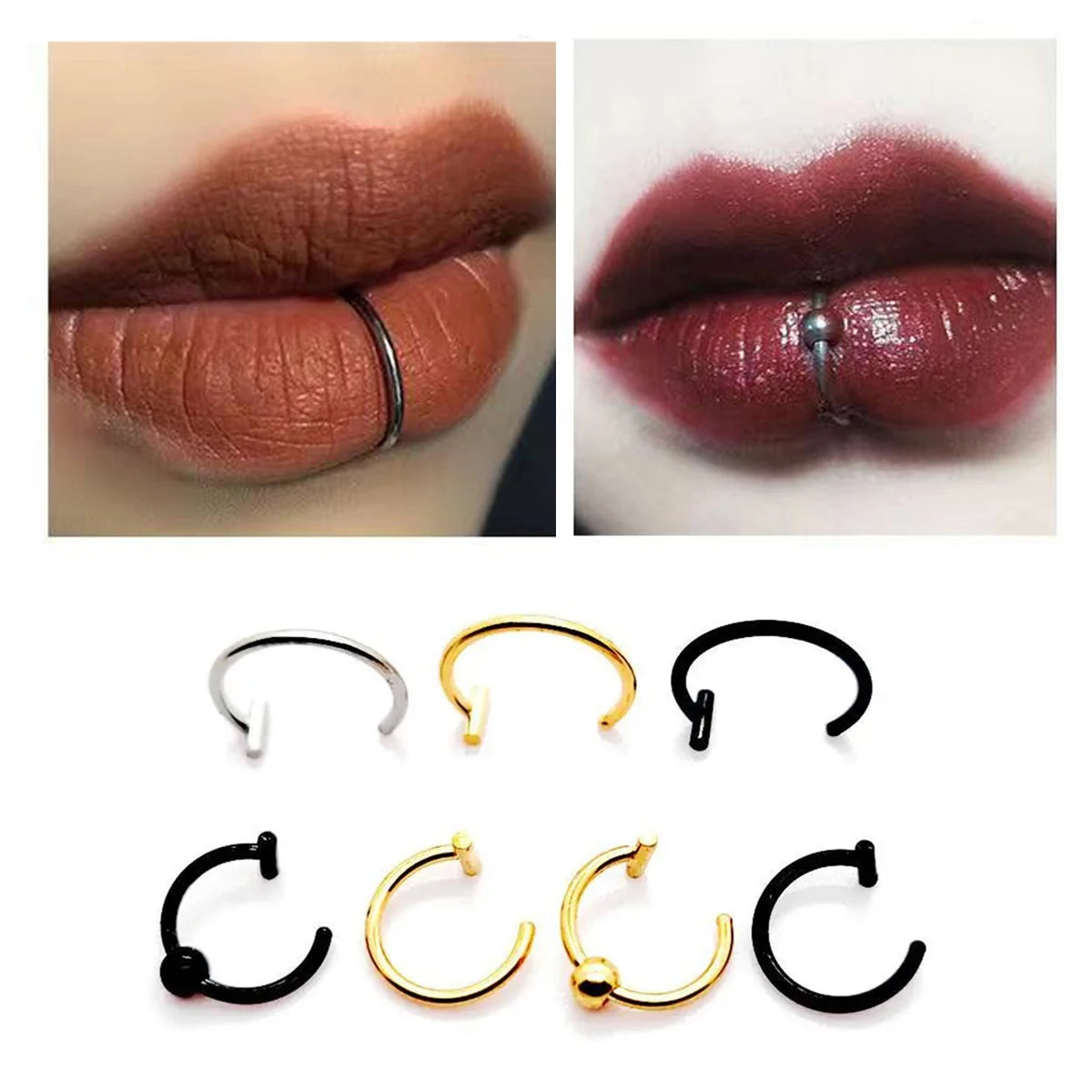 2/4Pcs 18G 316L Stainless Steel Fake Lip Rings for Women Men, Fake Septum Nose Ring Clip On Lip Ring Fake Piercing Jewelry
