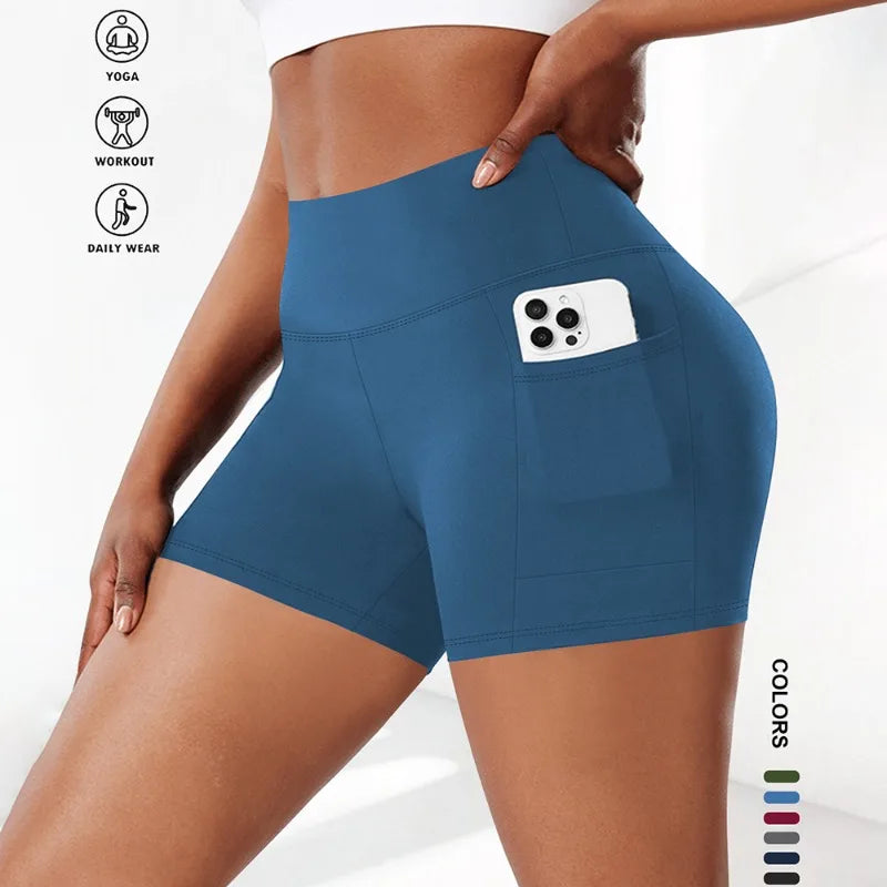Plus Size Fit Yoga Shorts for Women's High Waist Side Pocket Workout Running Tight Stretchy Athletic Summer Fashion Slim Shorts Blue