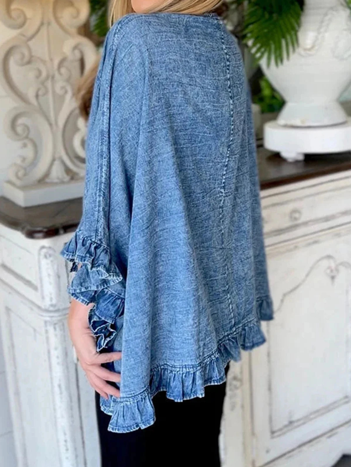 Women Plus Size Denim Jacket Splicing Pocket Ruffle 3/4 Sleeves Loose Irregular Hem Washed Summer 2025 Vintage Female Cardigans