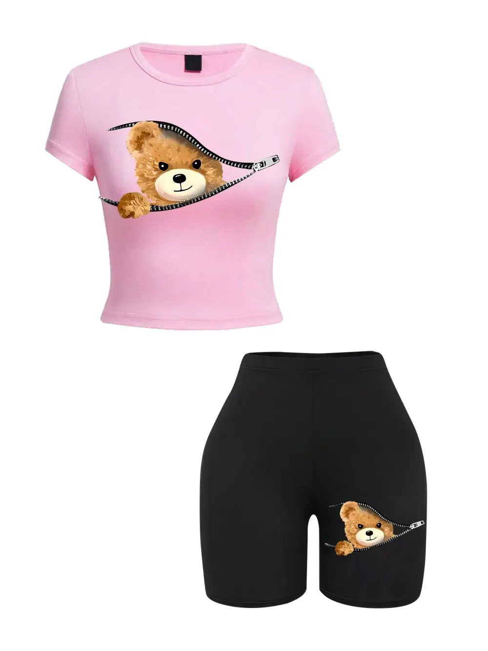 2 Pieces Set Women Slim Crop T-Shirts Shorts A Teddy Bear Emerged From The Zipper Prints Tops Sporty High Elastic Soft Clothes Pink-Black