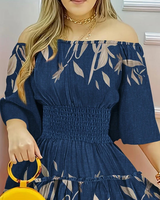 Women's Elegant Floral Print One Shoulder High Waist Dress Temperament Commuting 2024 Summer New Female Fashion A-Line Dresses