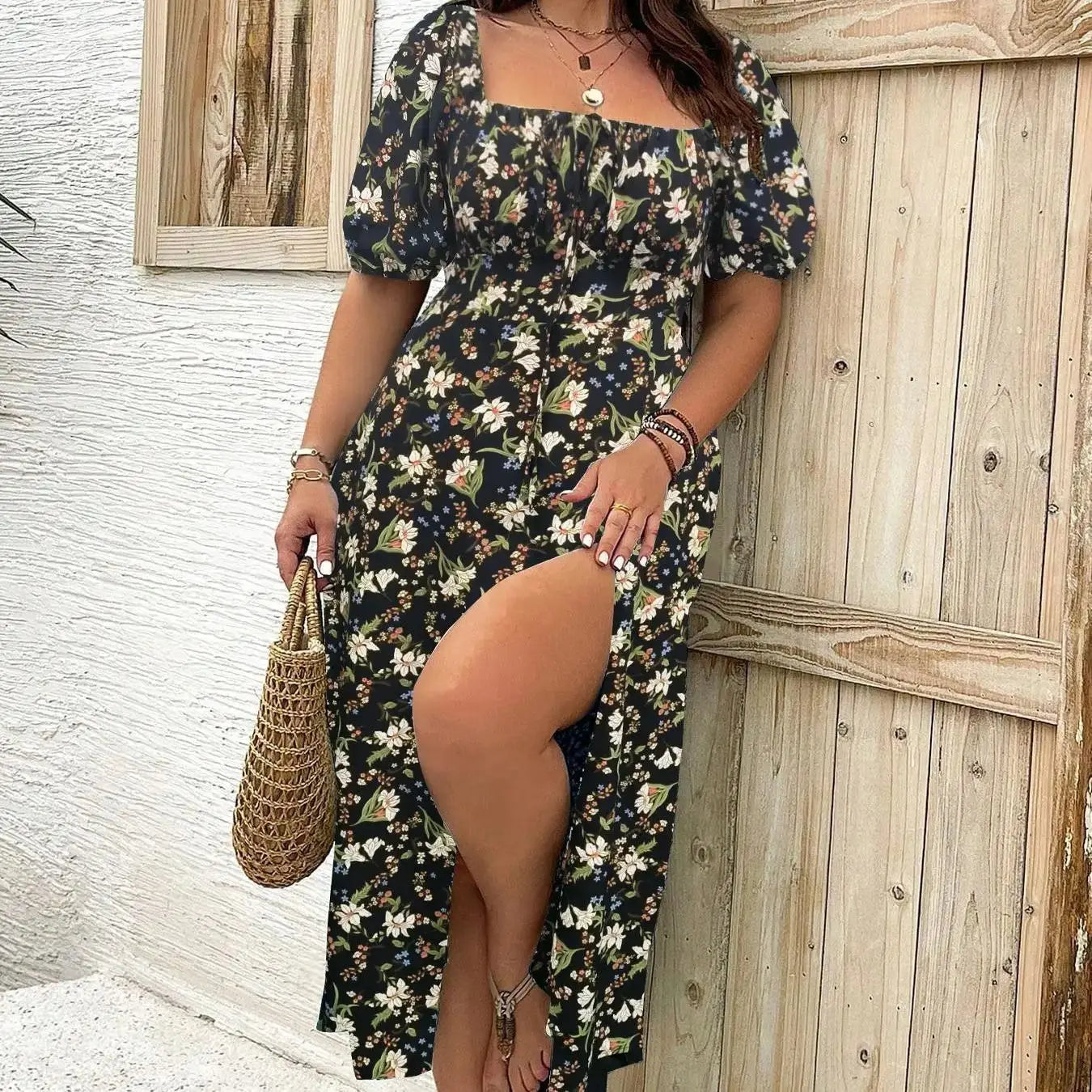 【Plus Size】 Ditsy Floral / All Over Print Split Thigh Dress, Casual Puff Sleeve Tie Front Dress, Women Plus Clothing for Summer 10267