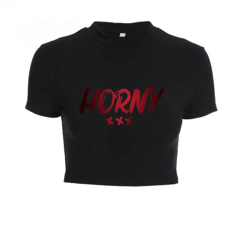 HORNY Sexy TShirt Women Black Short Crop Bandage Tee Tops Summer Fashion Girls Casual Short Sleeve Female Shirt Harajuku