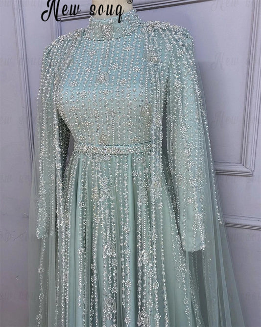 Middle East Evening Dress With Long Cape Sleeve Dubai Mint Green Wedding Party Gowns Muslim Women A Line Prom Dress Customized Badiee Stylez