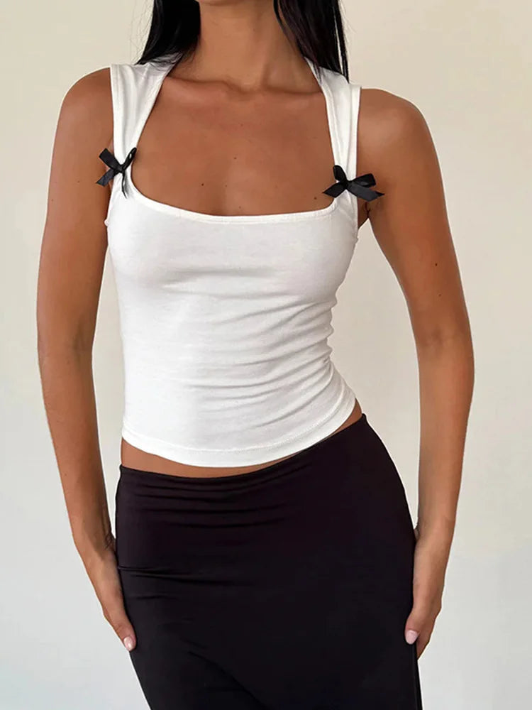 Y2K Women'S Bow Tie-Up Tank Tops Wide Shoulder Straps Bandage Camisole Sexy Low Cut Crop Tops Female Vest Tops WHITE
