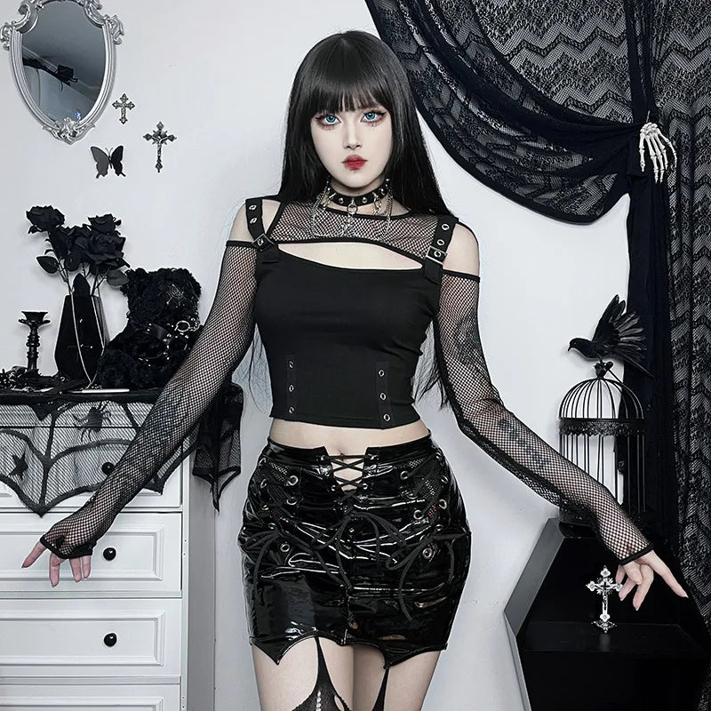 Goth Dark Mall Gothic Fishnet Patchwork T-shirts Grunge Punk Hollow Out Buckle Crop Tops Techwear Fashion Female Alt Streetwear