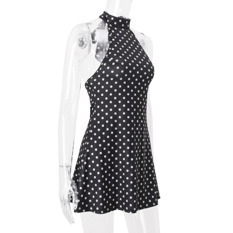 Candyhot Polka Dot Elegant Off Shoulder Sleeveless Backless High Waist Halter Mini Dress Y2K Summer Fashion Club Party Vestidos