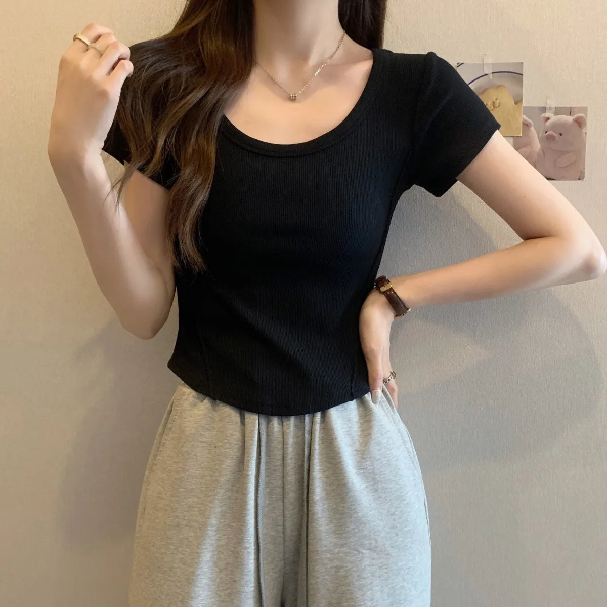 Y2K T-shirt Women V-neck Irregular Short Sleeve Crop Top New Korean Fashion Slim High Waist Solid Tee Shirt Woman Sexy Clothes black