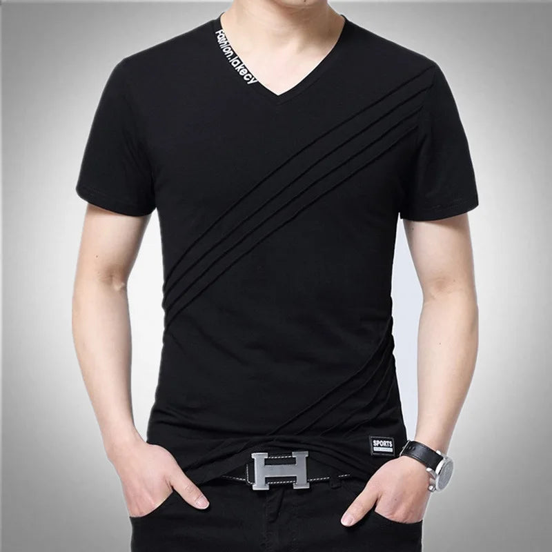 BROWON Summer Fashion T-shirt Men Short Sleeve V-neck Cotton Regular Fit Plus Size Men Casual T-shirt 5XL Black t-shirt