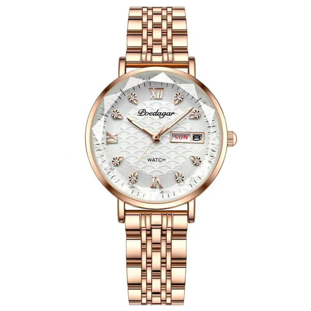 POEDAGAR Original Luxury Women Watch Week Date Waterproof Luminous Stainless Steel Woman Watches Simple Trendy Ladies Wristwatch Rose Gold White S