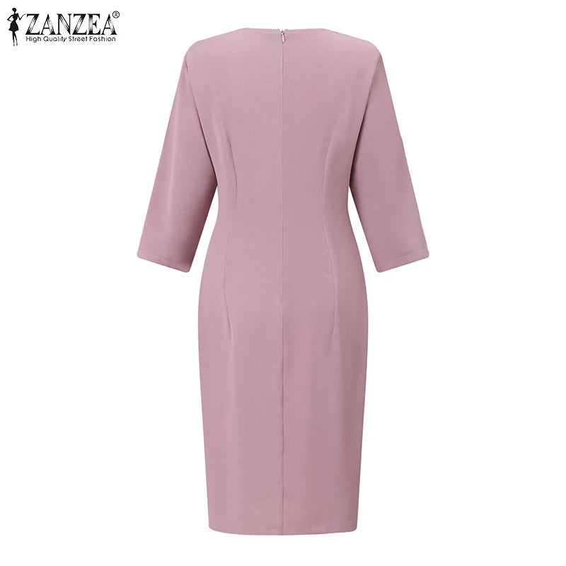 ZANZEA Elegant Office OL Dress Summer Women Half Sleeved Party Sundress Solid Knee Length Robe Fashion Holiday Work Vestidos