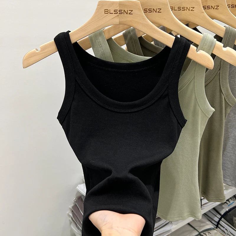 zjaiss Women Solid Round Neck Ribbed Tank Top Camisole Women 2025 Summer Basic Elastic Tank Top O Neck Solid Tank Top black