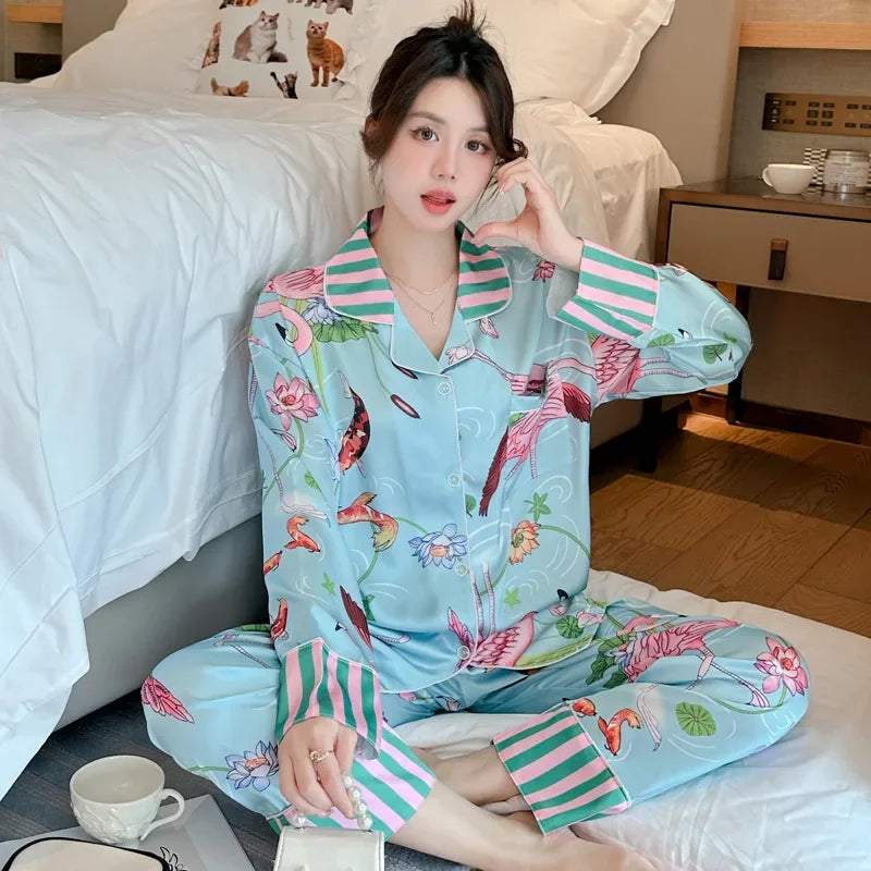 Korean Style Women's Two-piece Pajamas Sets Fashion Flower Print Faux Silk Satin Sleepwear Female Long Sleeve Pants Housewear 11