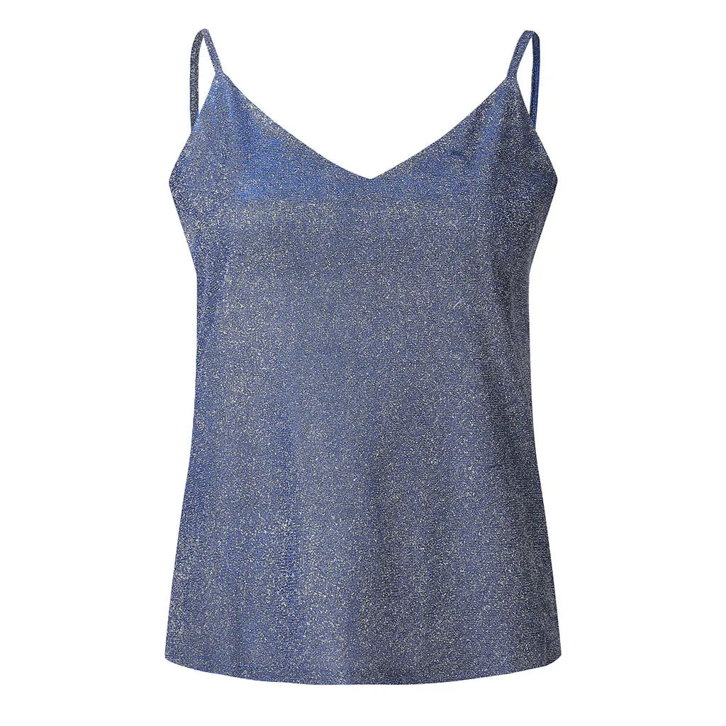 Women’s Solid Color V-Neck Tank Tops Ladies Glitter Strappy Sexy Cami Swing Vest Clubwear Fashion Canottiera Donna Estiva