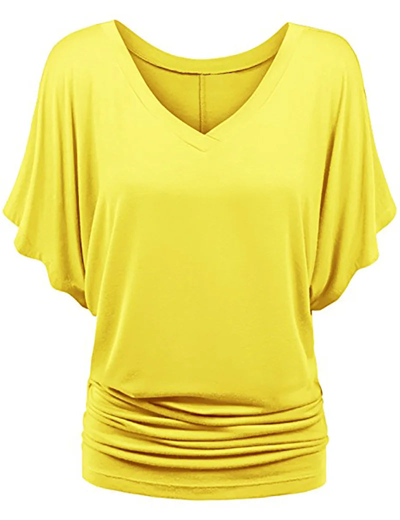 Women V Neck Short Sleeve Pleated Loose T-shirts Summer Lady Batwing Sleeve Oversized S-5XL Tee Shirt Tops OUYMFZ-A1375 Yellow