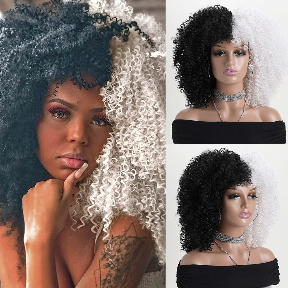 16 Inch Afro Kinky Curly Hair Wigs With Bangs Soft Fluffy Synthetic Fiber None Lace Wigs For Party Cosplay Daily Use Badiee Stylez